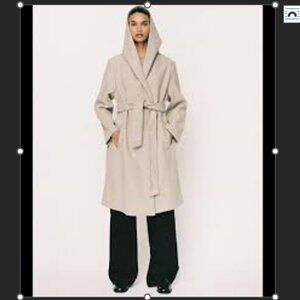 ZARA Women’s Hooded Wrap Coat Beige Wool Blend Belted Long Coat size XS